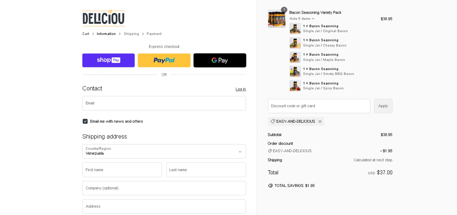 Deliciou checkout page showing Deliciou promo code box | Screenshot taken by SimplyCodes community member on Oct 8, 2024