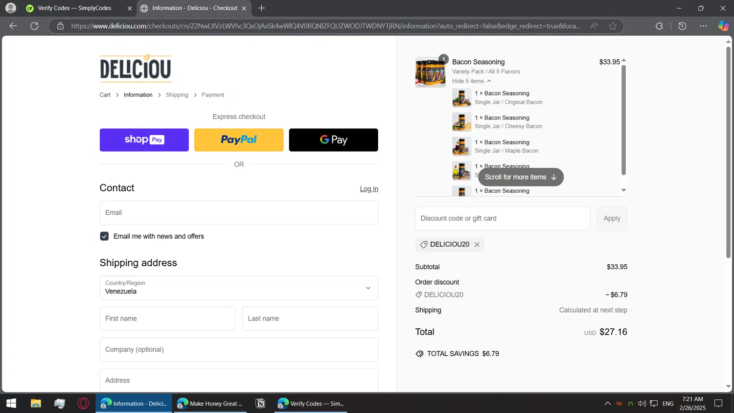 Deliciou checkout page showing Deliciou promo code box | Screenshot taken by SimplyCodes community member on Feb 26, 2025