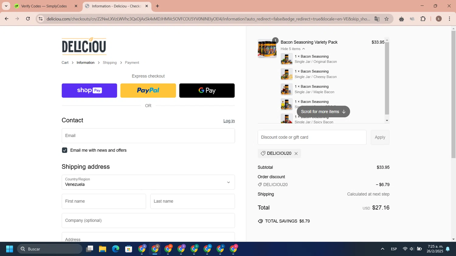 Deliciou promo code screenshot showing code DELICIOU20 applied at Deliciou checkout page. Uploaded by SimplyCodes community member DiscountCaptain9530 on Feb 26, 2025