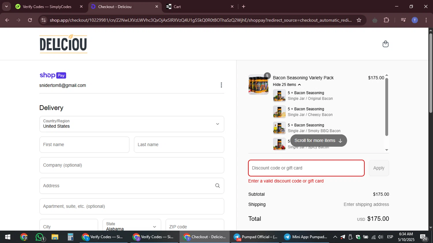 Deliciou promo code screenshot showing code DELICIOU20 applied at Deliciou checkout page. Uploaded by SimplyCodes community member snidertom8 on May 10, 2025