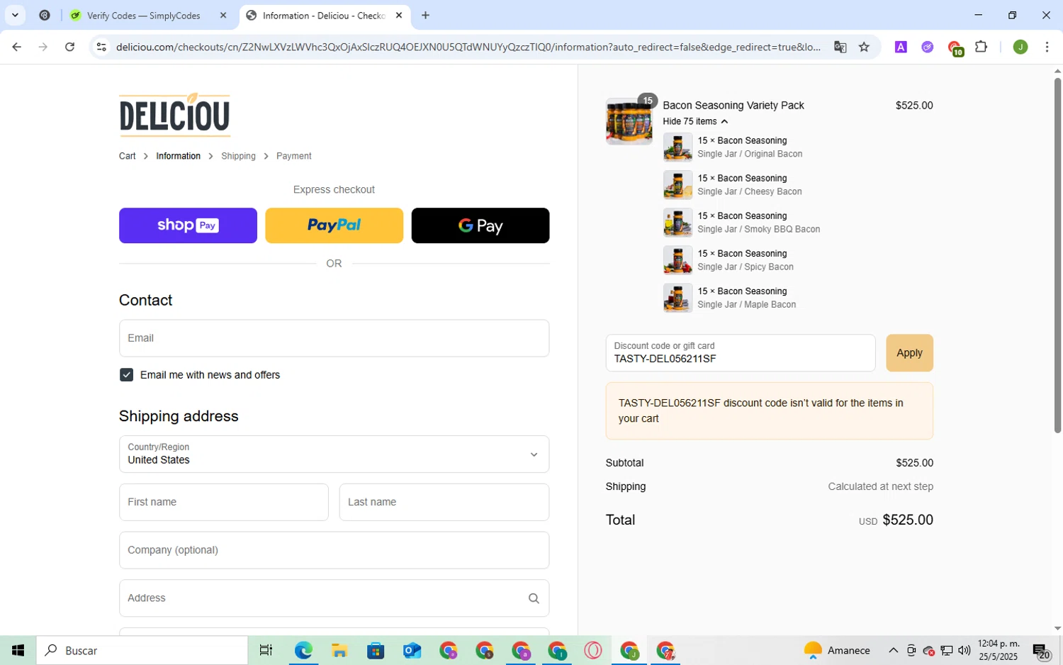 Deliciou promo code screenshot showing code TASTY-DEL056211SF applied at Deliciou checkout page. Uploaded by SimplyCodes community member BukayoSaka on May 25, 2025