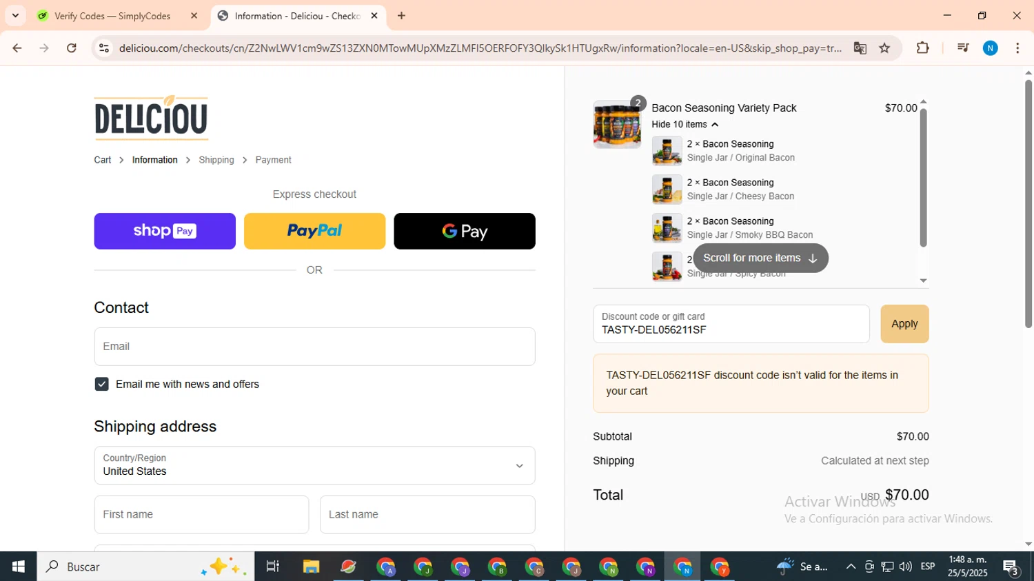 Deliciou promo code screenshot showing code TASTY-DEL056211SF applied at Deliciou checkout page. Uploaded by SimplyCodes community member CoinHawk678 on May 25, 2025