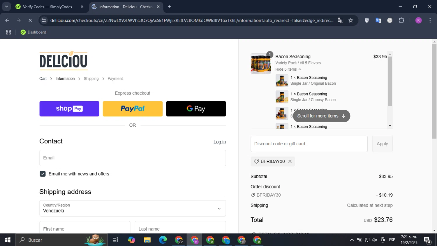 Deliciou checkout page showing Deliciou promo code box | Screenshot taken by SimplyCodes community member on Feb 19, 2025