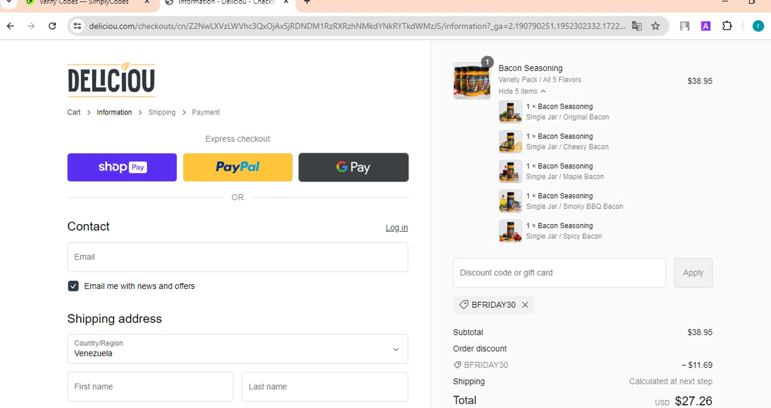Deliciou checkout page showing Deliciou promo code box | Screenshot taken by SimplyCodes community member on Aug 3, 2024