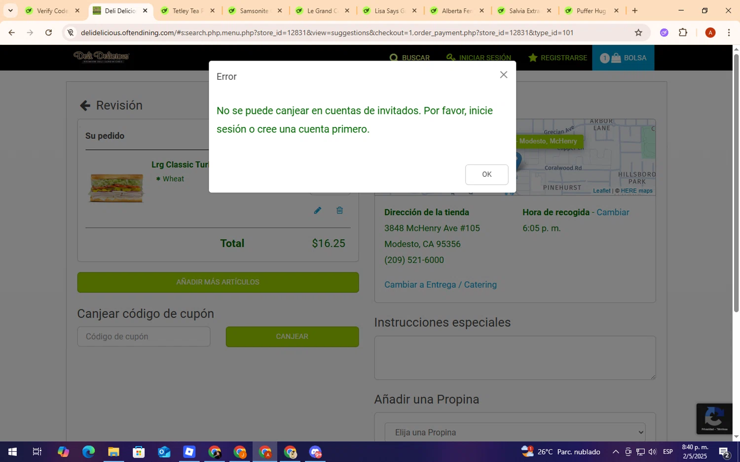 Deli Delicious coupon code screenshot showing code SAVE20 applied at Deli Delicious checkout page. Uploaded by SimplyCodes community member CryBabyy on May 3, 2025