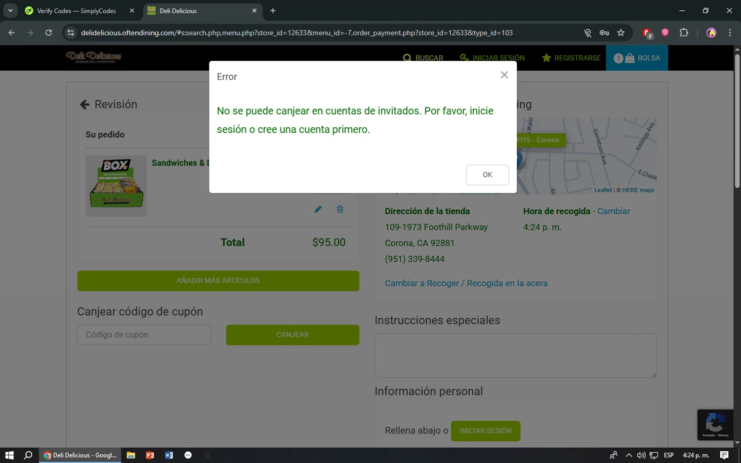 Deli Delicious coupon code screenshot showing code SAVE20 applied at Deli Delicious checkout page. Uploaded by SimplyCodes community member TreasureShopper9156 on Jun 18, 2025