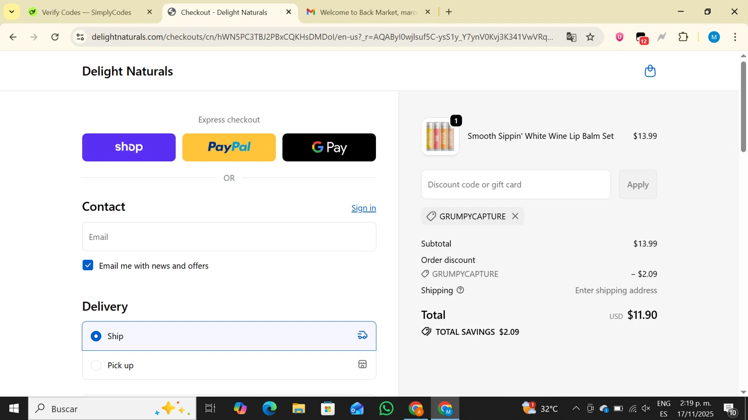 Delight Naturals promo code screenshot showing code grumpycapture applied at Delight Naturals checkout page. Uploaded by SimplyCodes community member LegendaryAce4371 on Nov 17, 2025