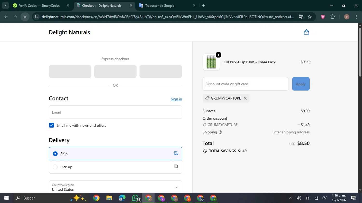 Delight Naturals promo code screenshot showing code grumpycapture applied at Delight Naturals checkout page. Uploaded by SimplyCodes community member NobleExpert6497 on Jan 15, 2026