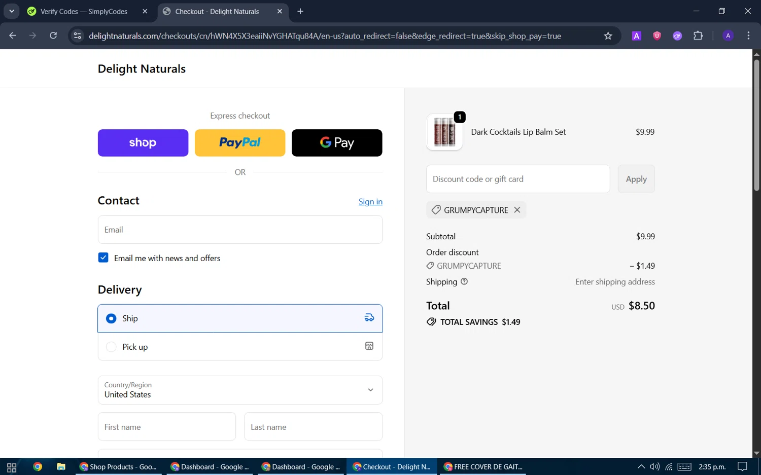 Delight Naturals promo code screenshot showing code grumpycapture applied at Delight Naturals checkout page. Uploaded by SimplyCodes community member ThriftySentinel2853 on Oct 25, 2025