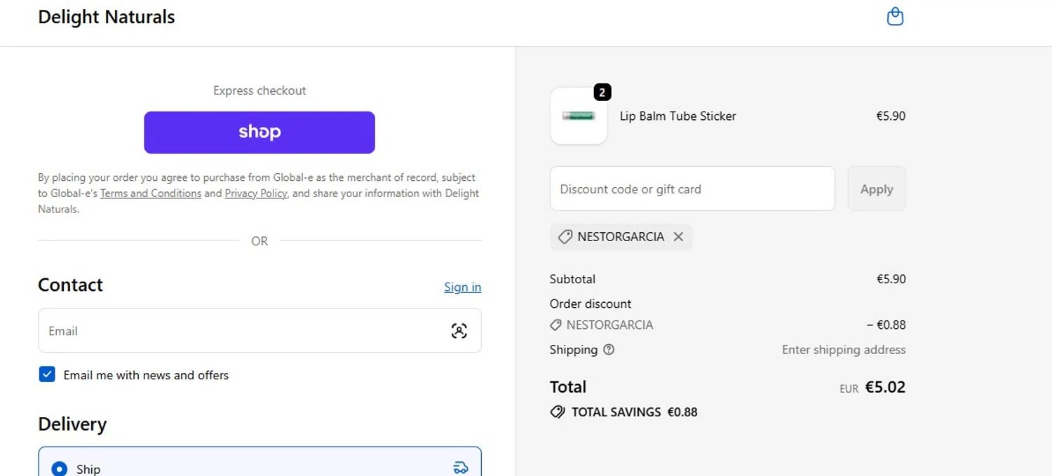 Delight Naturals promo code screenshot showing code NESTORGARCIA applied at Delight Naturals checkout page. Uploaded by SimplyCodes community member mandrakke on Feb 8, 2026