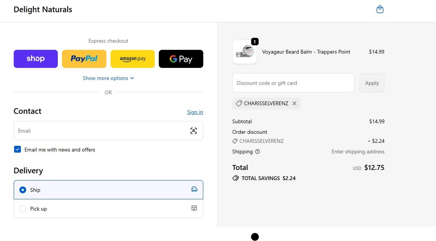 Delight Naturals promo code screenshot showing code CHARISSELVERENZ applied at Delight Naturals checkout page. Uploaded by SimplyCodes community member mandrakke on Feb 8, 2026