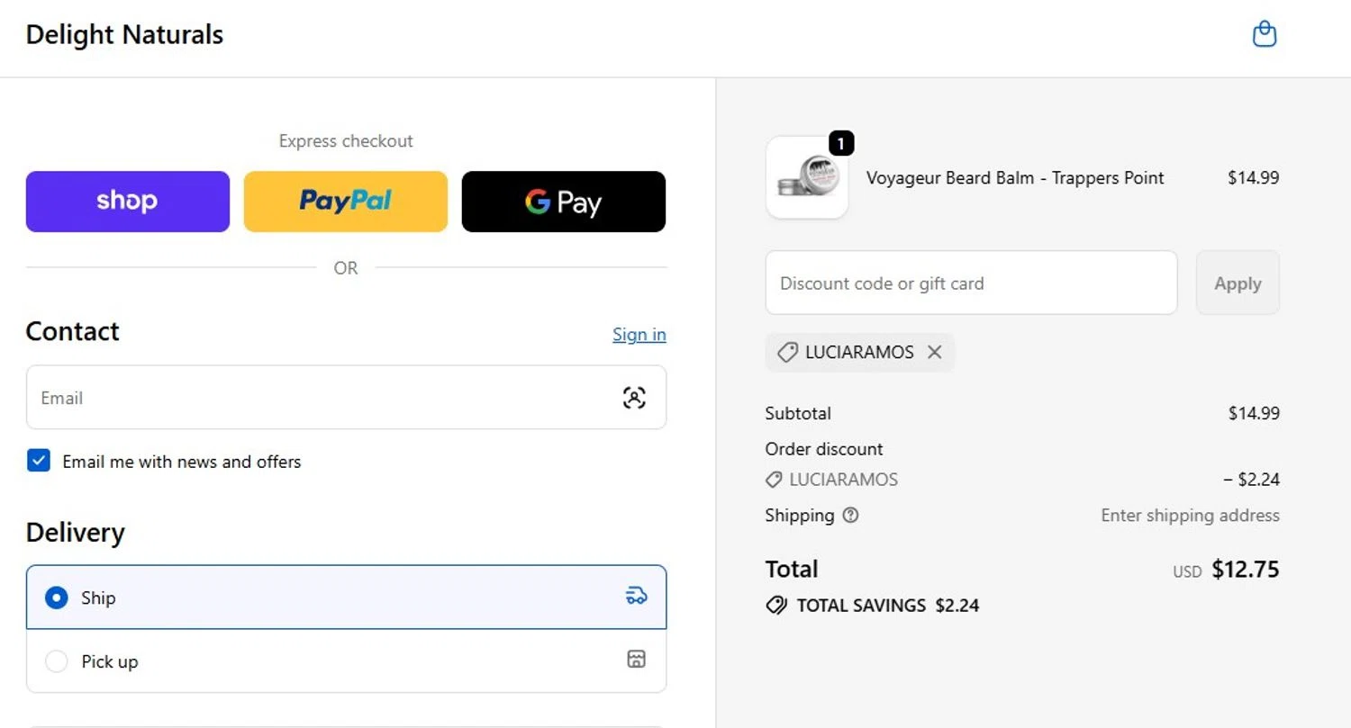 Delight Naturals promo code screenshot showing code LUCIARAMOS applied at Delight Naturals checkout page. Uploaded by SimplyCodes community member mandrakke on Feb 8, 2026
