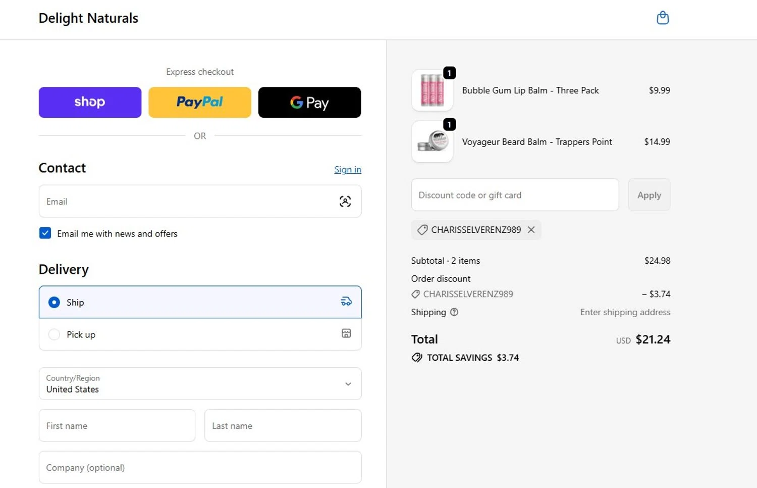 Delight Naturals promo code screenshot showing code CHARISSELVERENZ989 applied at Delight Naturals checkout page. Uploaded by SimplyCodes community member mandrakke on Feb 9, 2026