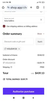 Holiday20 coupon verification screenshot