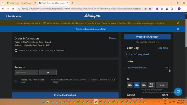 Delivery.com checkout page showing Delivery.com promo code box | Screenshot taken by SimplyCodes community member on Jul 28, 2025