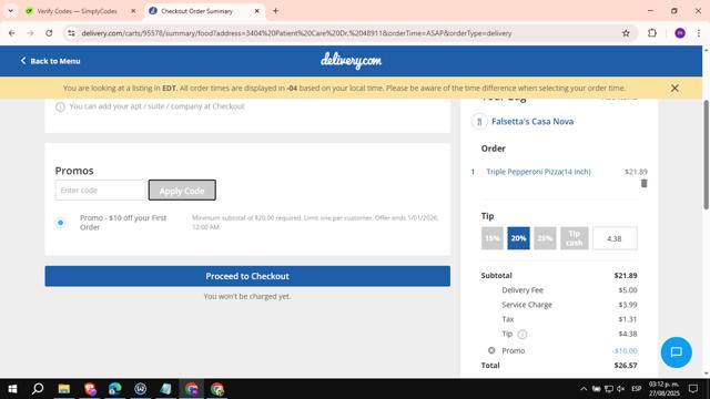 Delivery.com checkout page showing Delivery.com promo code box | Screenshot taken by SimplyCodes community member on Aug 27, 2025