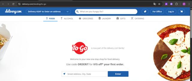 Delivery.com checkout page showing Delivery.com promo code box | Screenshot taken by SimplyCodes community member on Aug 23, 2025