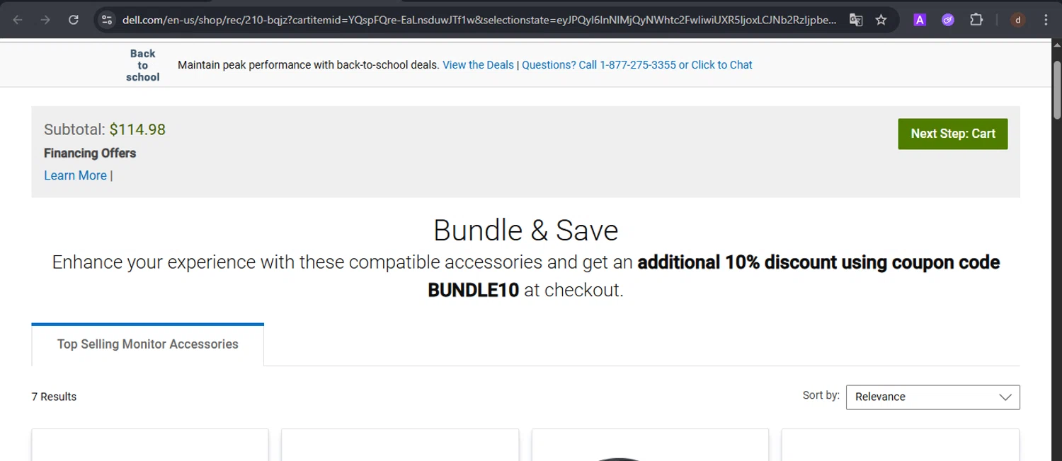 Dell coupon code screenshot showing code BUNDLE10 applied at Dell checkout page. Uploaded by SimplyCodes community member VoucherSpotter9376 on Aug 22, 2025