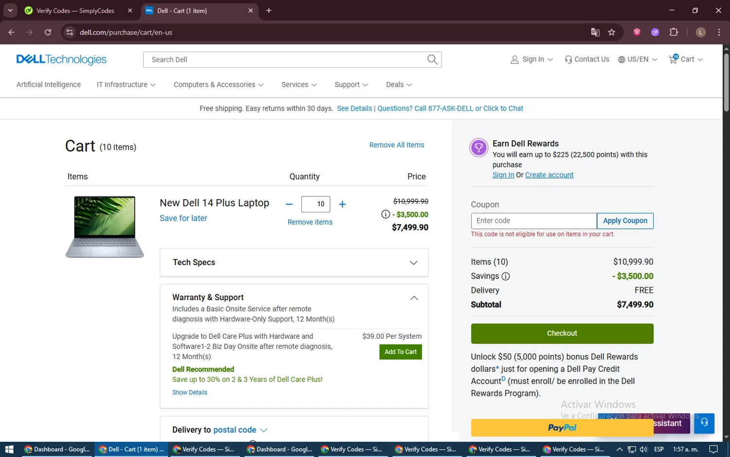 Dell coupon code screenshot showing code NDAR2DFREE applied at Dell checkout page. Uploaded by SimplyCodes community member BrilliantTiger9986 on Jun 26, 2025