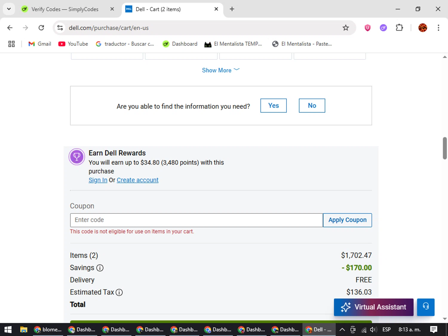 Dell coupon code screenshot showing code NDAR2DFREE applied at Dell checkout page. Uploaded by SimplyCodes community member Rodolfo on Jun 2, 2025