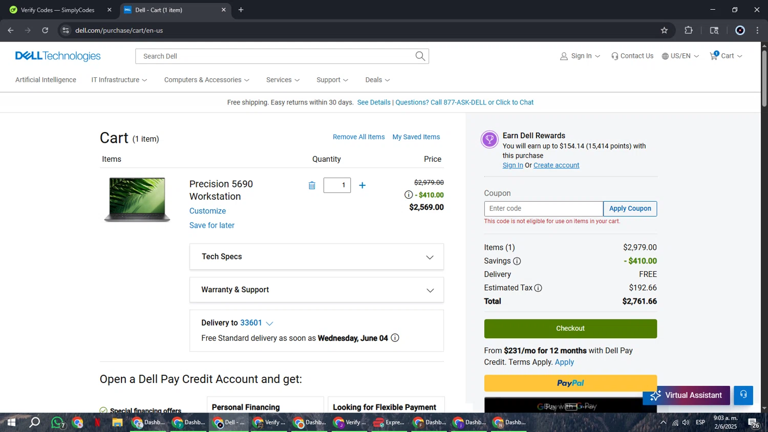 Dell coupon code screenshot showing code NDAR2DFREE applied at Dell checkout page. Uploaded by SimplyCodes community member RoyalBoss4384 on Jun 2, 2025