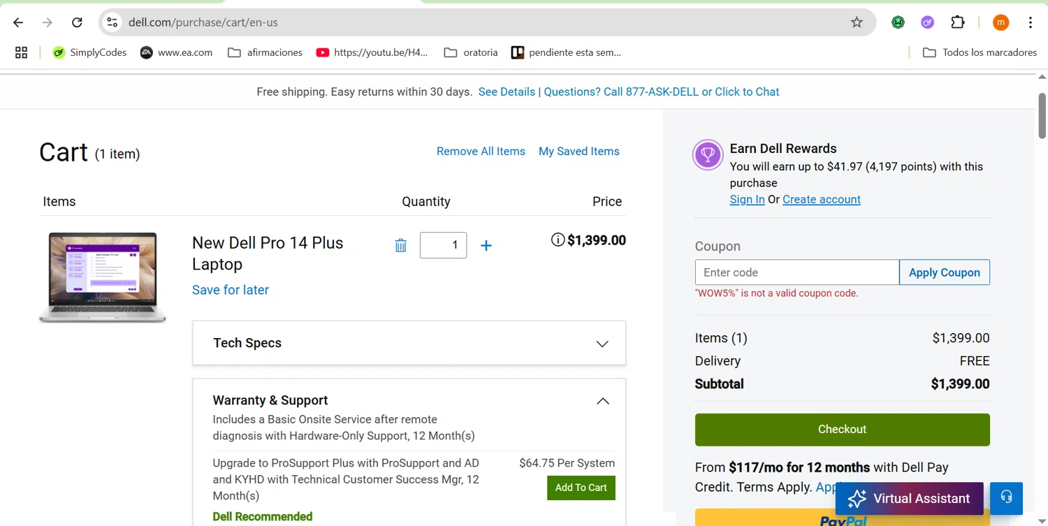 Dell coupon code screenshot showing code WOW5% applied at Dell checkout page. Uploaded by SimplyCodes community member ROIS28 on May 7, 2025