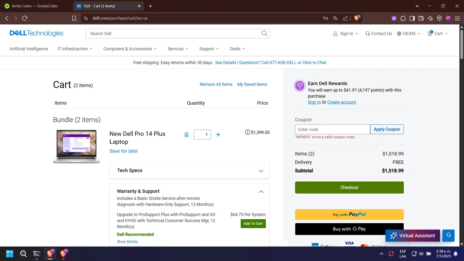 Dell coupon code screenshot showing code WOW5% applied at Dell checkout page. Uploaded by SimplyCodes community member missfortu on May 7, 2025
