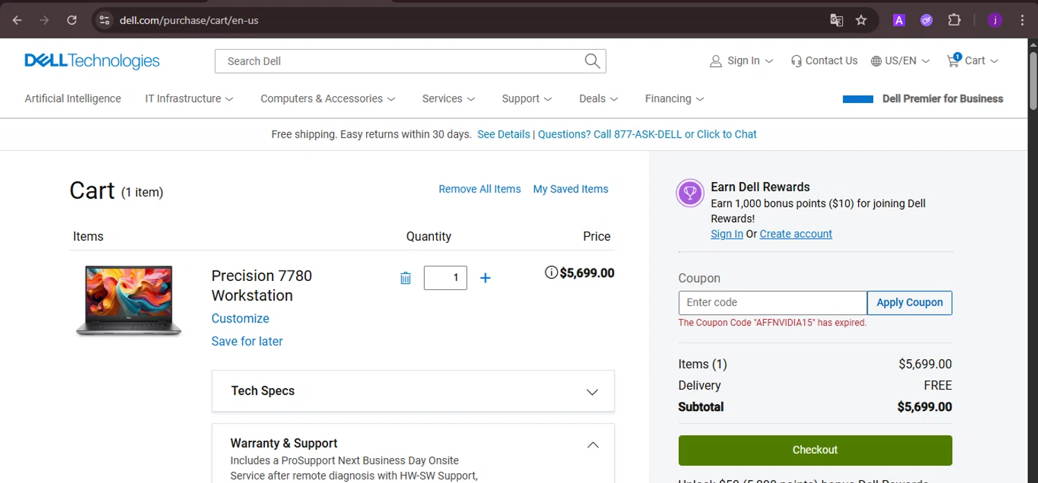 Dell coupon code screenshot showing code AFFNVIDIA15 applied at Dell checkout page. Uploaded by SimplyCodes community member CoinMaverick1452 on Aug 10, 2025