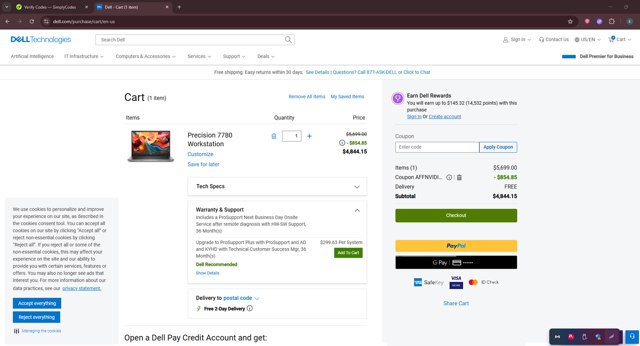 Dell checkout page showing Dell coupon code box | Screenshot taken by SimplyCodes community member on Aug 1, 2025