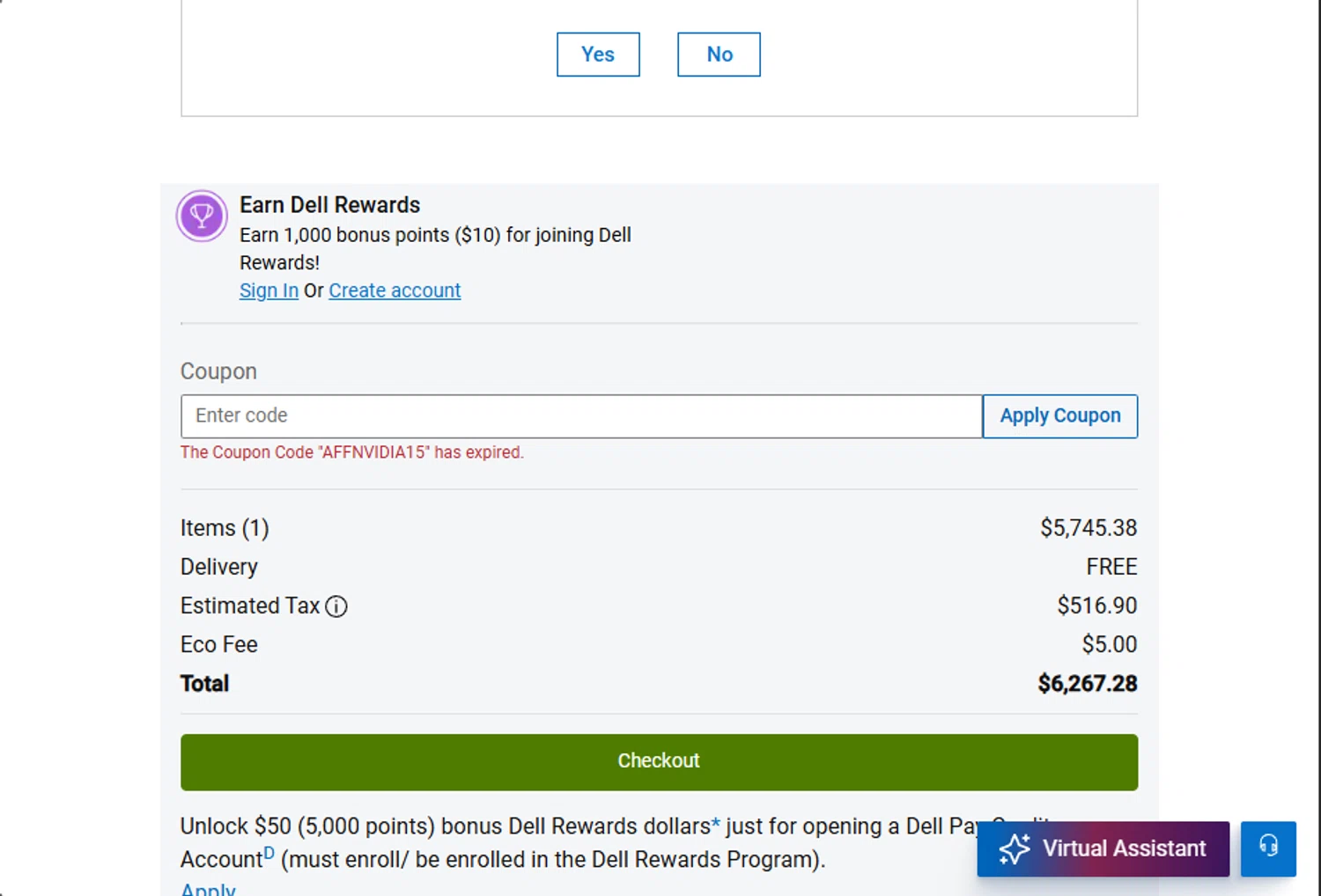 Dell coupon code screenshot showing code AFFNVIDIA15 applied at Dell checkout page. Uploaded by SimplyCodes community member carloschirino on Aug 10, 2025