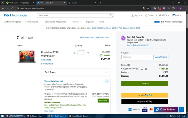 Dell checkout page showing Dell coupon code box | Screenshot taken by SimplyCodes community member on Jul 23, 2025