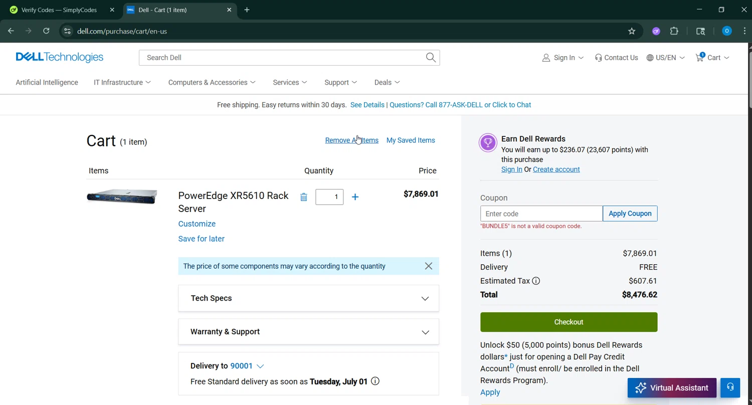 Dell coupon code screenshot showing code BUNDLE5 applied at Dell checkout page. Uploaded by SimplyCodes community member GoldAdmiral5202 on Jun 18, 2025