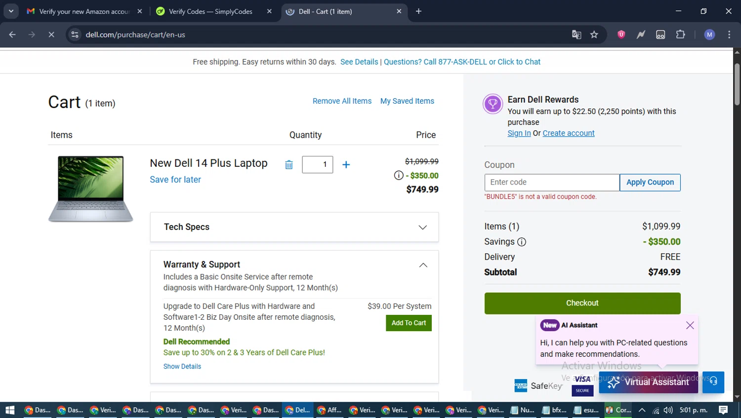 Dell coupon code screenshot showing code BUNDLE5 applied at Dell checkout page. Uploaded by SimplyCodes community member PrimeFox5260 on Jun 18, 2025