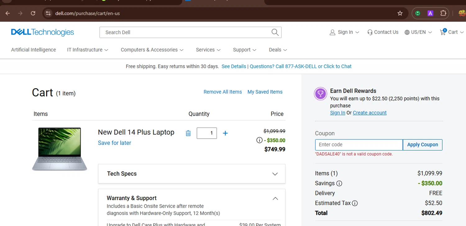 Dell coupon code screenshot showing code DADSALE40 applied at Dell checkout page. Uploaded by SimplyCodes community member WonderWarden594 on Jun 13, 2025