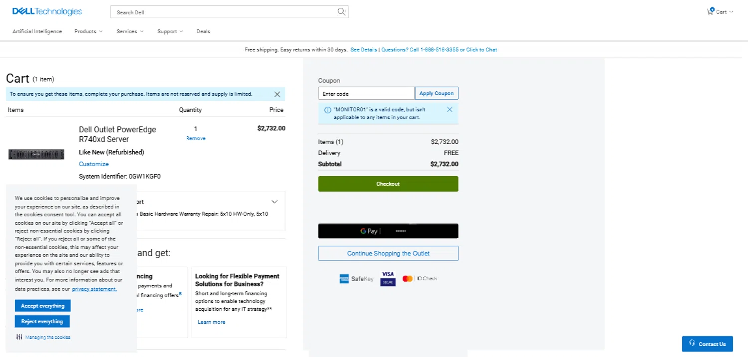 Dell Outlet checkout page showing Dell Outlet coupon code box | Screenshot taken by SimplyCodes community member on Dec 22, 2024