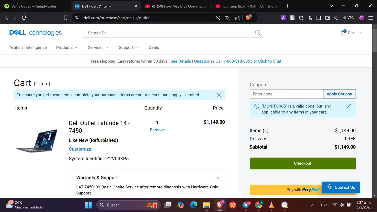 Dell Outlet checkout page showing Dell Outlet coupon code box | Screenshot taken by SimplyCodes community member on Feb 1, 2025