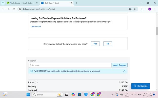 Dell Outlet checkout page showing Dell Outlet coupon code box | Screenshot taken by SimplyCodes community member on Dec 22, 2024