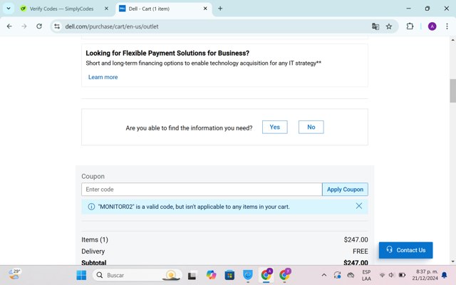 Dell Outlet checkout page showing Dell Outlet coupon code box | Screenshot taken by SimplyCodes community member on Dec 22, 2024