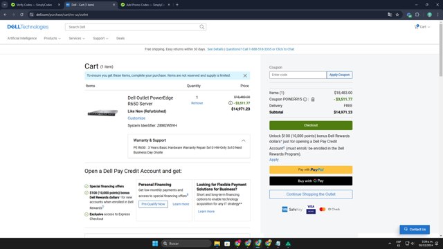 Dell Outlet checkout page showing Dell Outlet coupon code box | Screenshot taken by SimplyCodes community member on Dec 20, 2024
