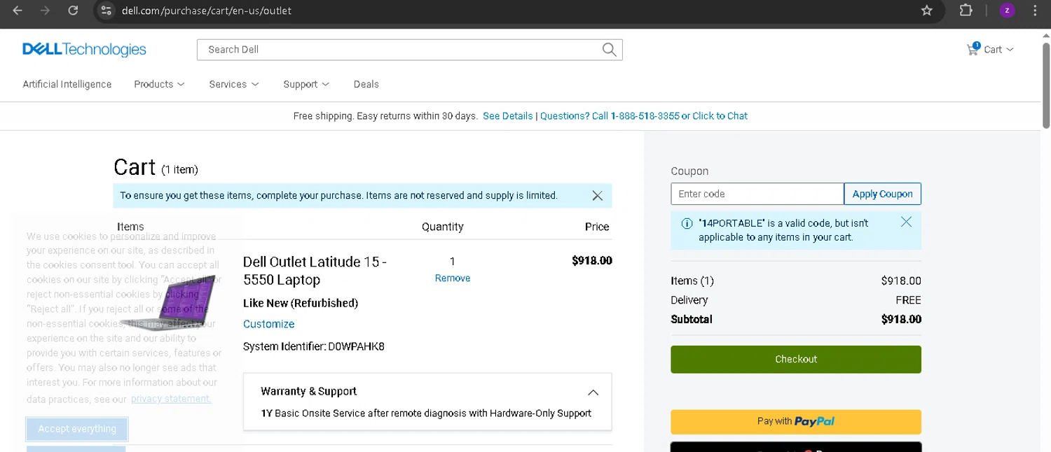 Dell Outlet checkout page showing Dell Outlet coupon code box | Screenshot taken by SimplyCodes community member on Mar 20, 2025