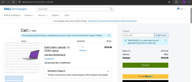 Dell Outlet checkout page showing Dell Outlet coupon code box | Screenshot taken by SimplyCodes community member on Mar 20, 2025