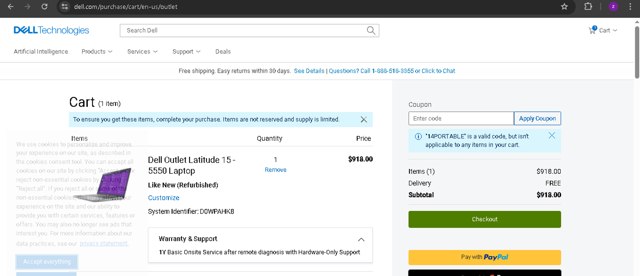 Dell Outlet checkout page showing Dell Outlet coupon code box | Screenshot taken by SimplyCodes community member on Mar 20, 2025