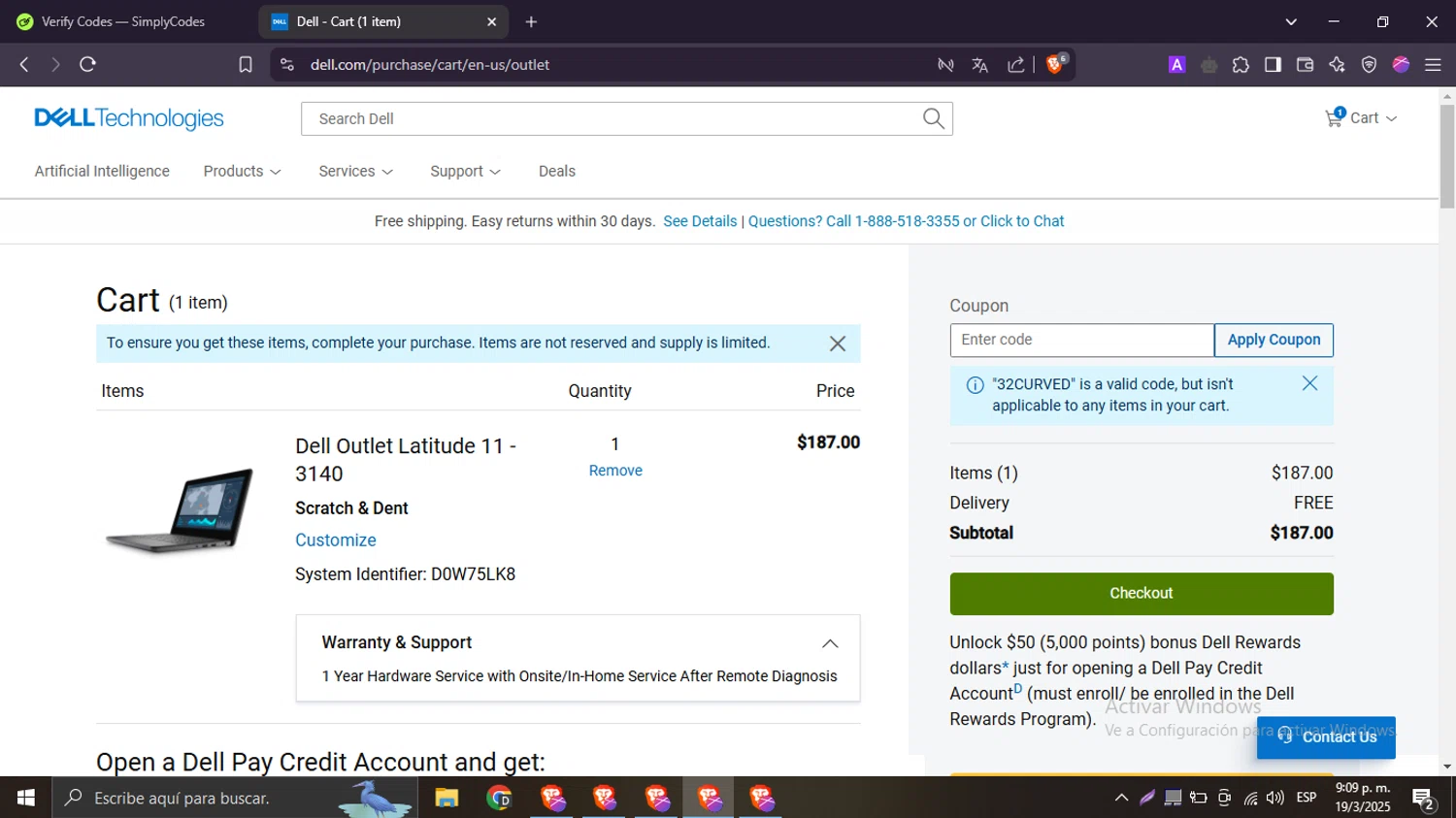 Dell Outlet checkout page showing Dell Outlet coupon code box | Screenshot taken by SimplyCodes community member on Mar 20, 2025