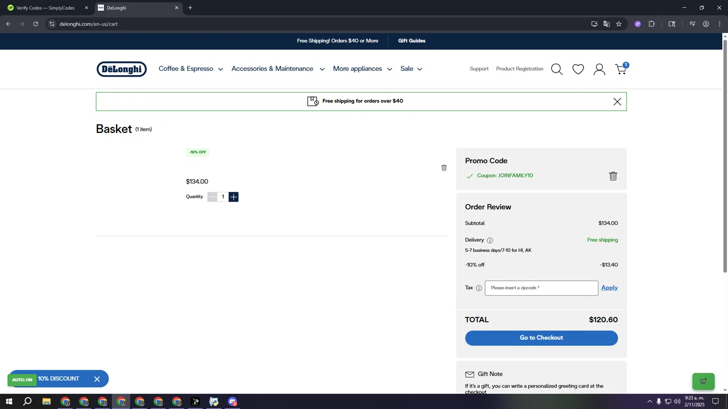 De'Longhi coupon code screenshot showing code JOINFAMILY10 applied at De'Longhi checkout page. Uploaded by SimplyCodes community member qqqqqqqqqqqqq on Nov 2, 2025