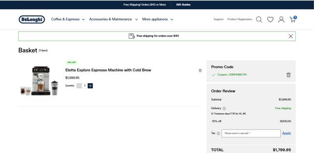 De'Longhi checkout page showing De'Longhi coupon code box | Screenshot taken by SimplyCodes community member on Jul 30, 2025