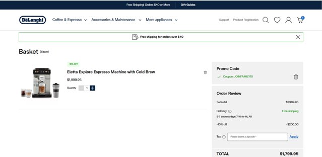 De'Longhi checkout page showing De'Longhi coupon code box | Screenshot taken by SimplyCodes community member on Jul 30, 2025