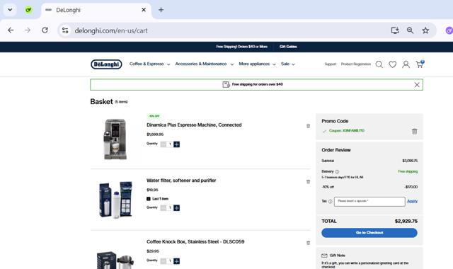 De'Longhi checkout page showing De'Longhi coupon code box | Screenshot taken by SimplyCodes community member on Aug 17, 2025