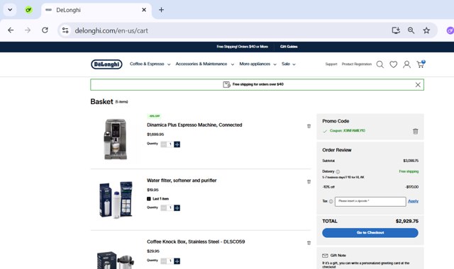 De'Longhi checkout page showing De'Longhi coupon code box | Screenshot taken by SimplyCodes community member on Aug 17, 2025