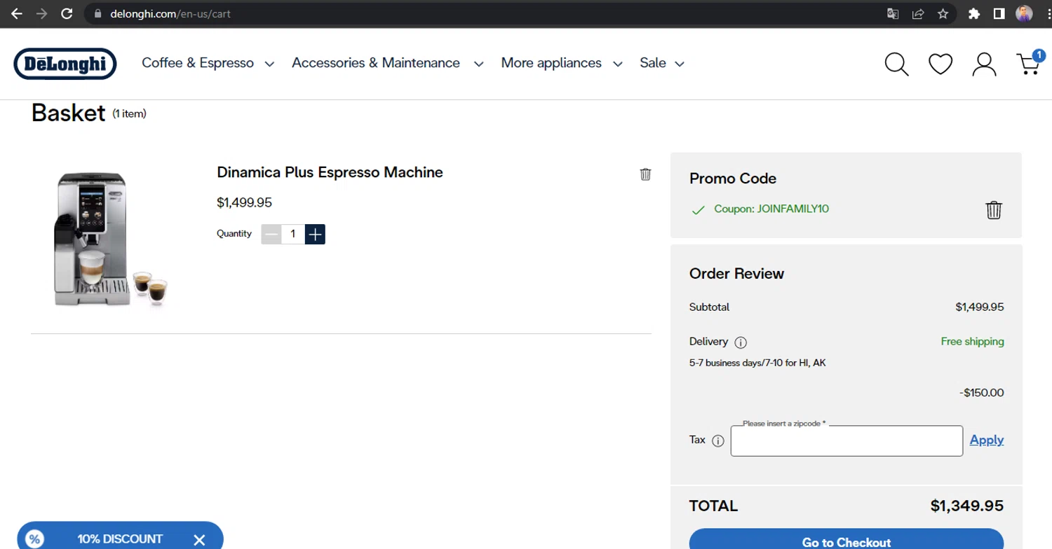 De'Longhi coupon code screenshot showing code JOINFAMILY10 applied at De'Longhi checkout page. Uploaded by SimplyCodes community member HUNTER1406 on Oct 27, 2025