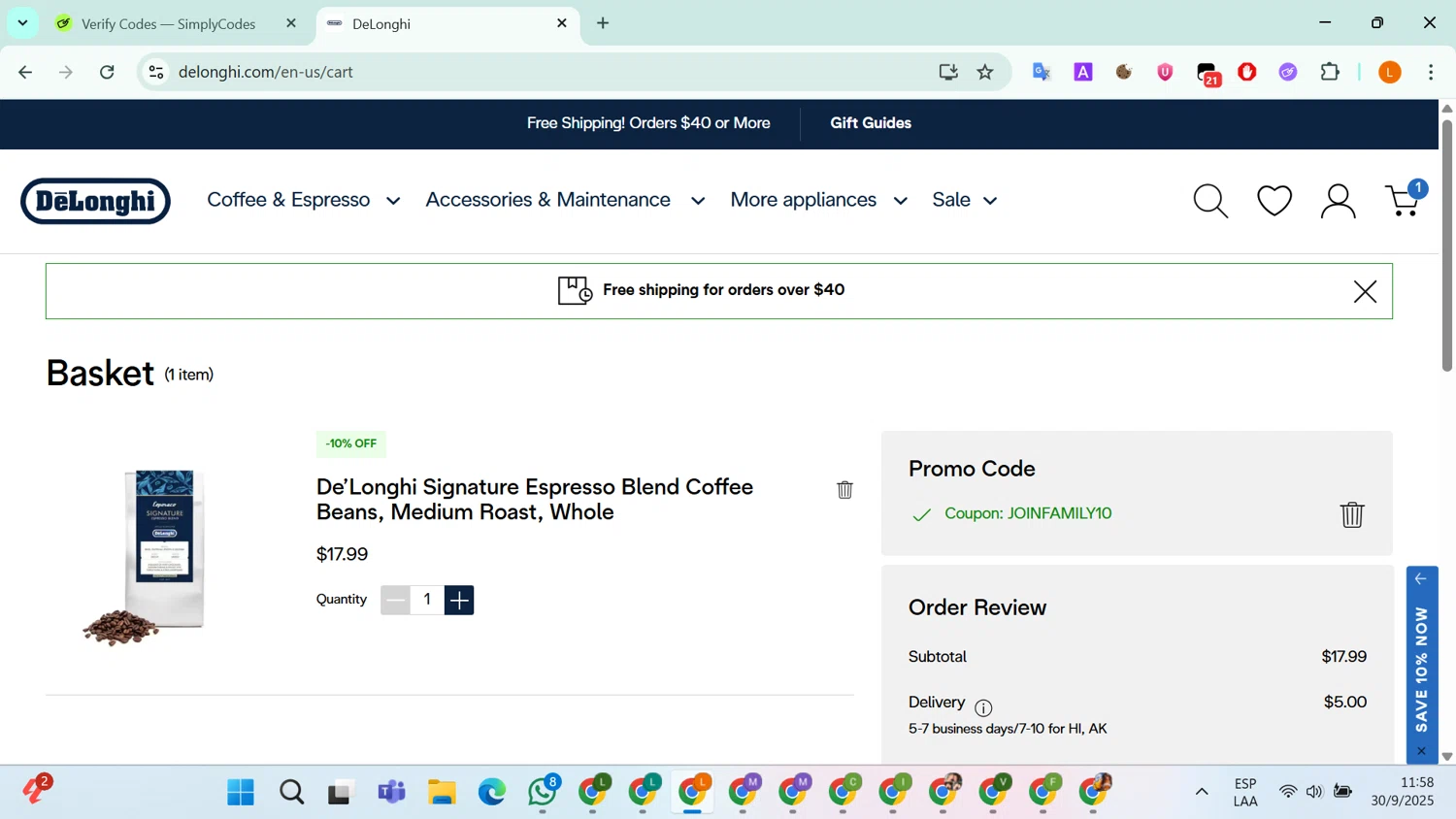 De'Longhi coupon code screenshot showing code JOINFAMILY10 applied at De'Longhi checkout page. Uploaded by SimplyCodes community member RebateLegend8934 on Sep 30, 2025